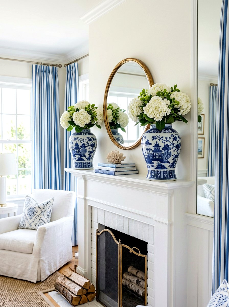 Blue And White Ginger Jar - 25 Spring Mantel Arrangement Ideas