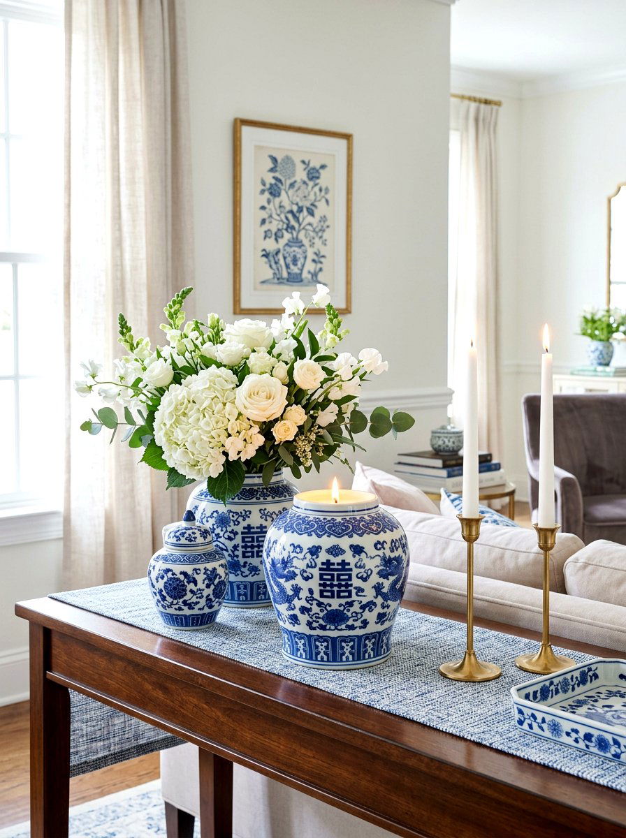 Blue And White Ginger Jar Candle Arrangement - 25 Spring Candle Centerpiece Ideas