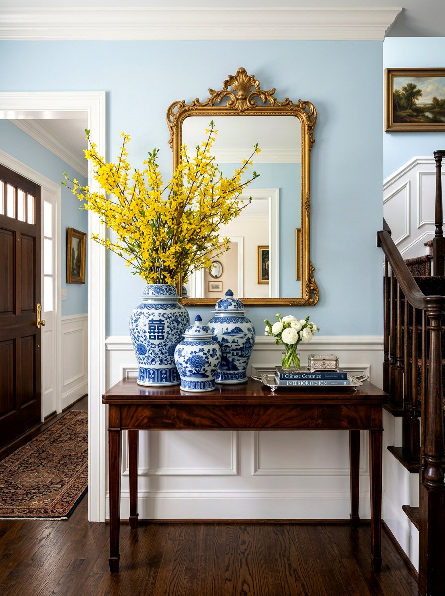 Blue And White Ginger Jar Entry - 25 Spring Entry Table Arrangement Ideas