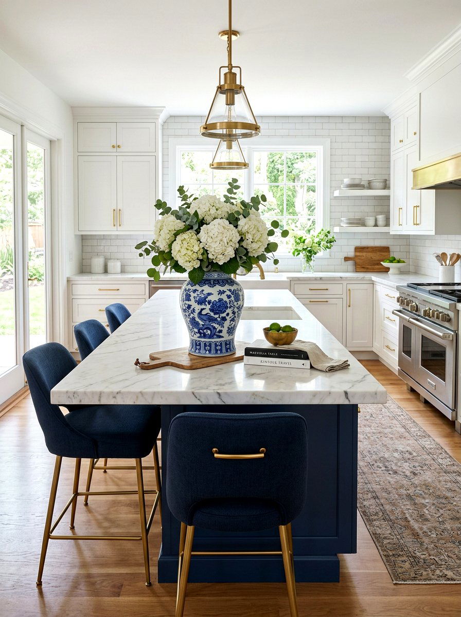 Blue And White Ginger Jar With Hydrangeas - 25 Spring Kitchen Centerpiece Ideas