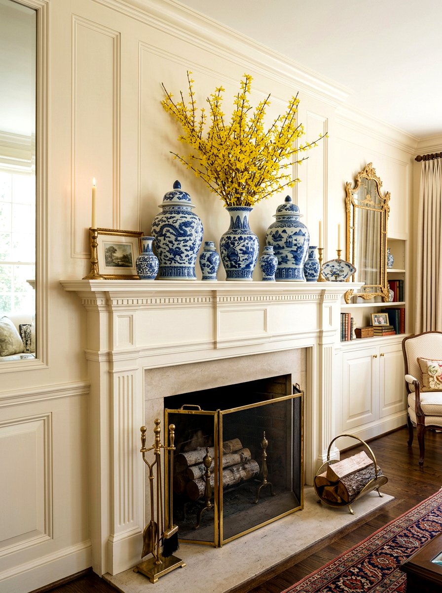 Blue And White Ginger Jars - 25 Spring Mantel Vignette Ideas