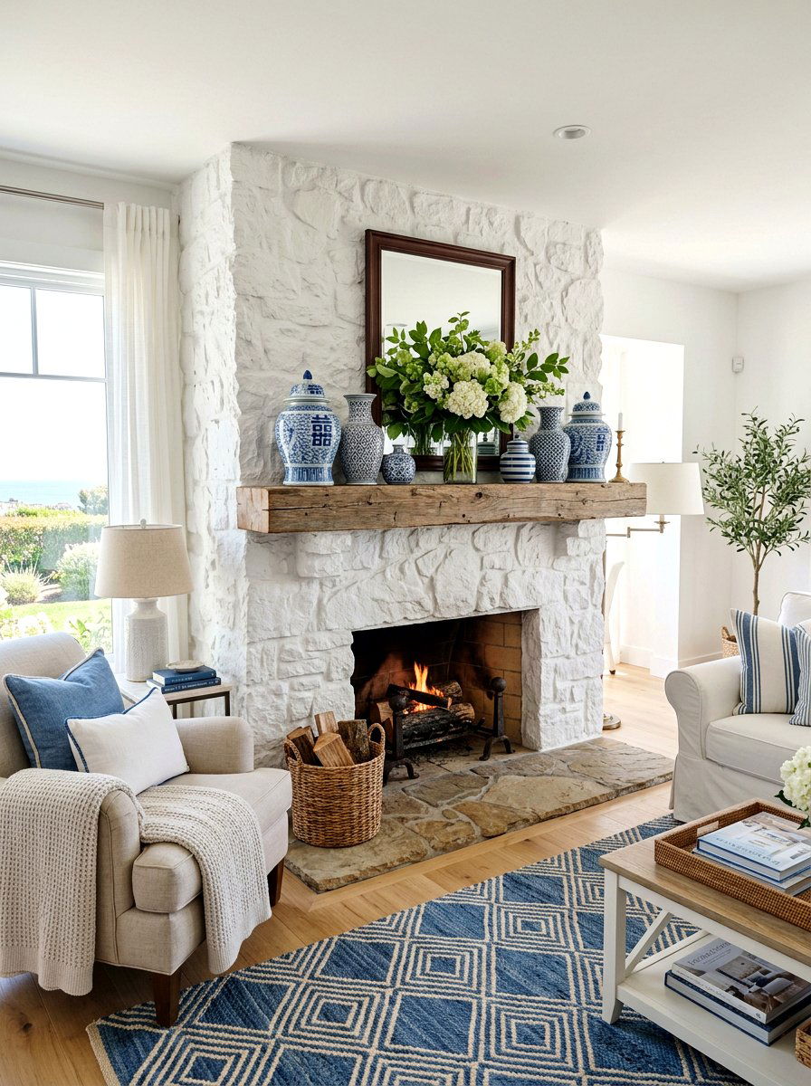 Blue And White Living Room Fireplace - 25 Spring Stone Fireplace Decor Ideas