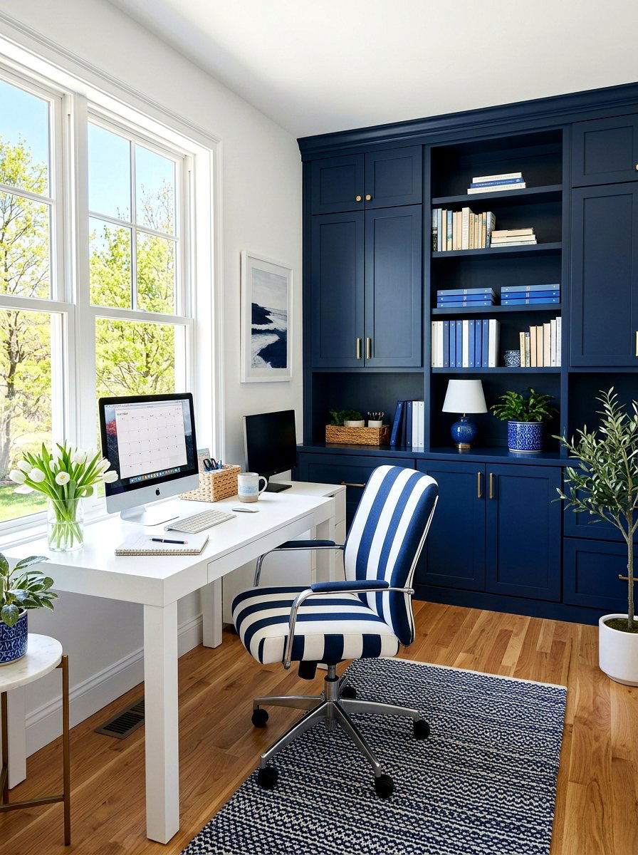Blue And White Office - 25 Spring Home Office Decor Ideas