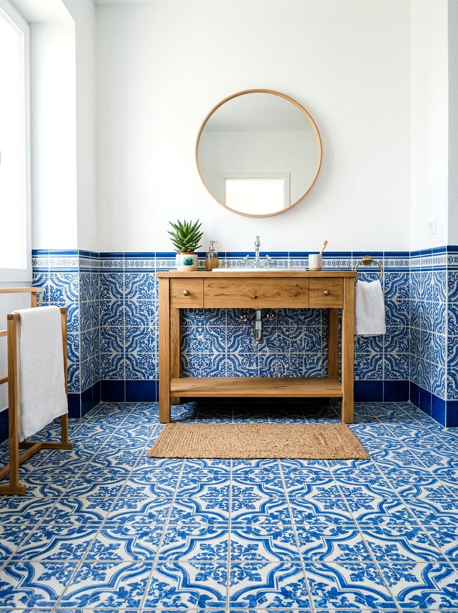 Blue And White Patterned Bathroom Tile - 25 Spring Powder Room Decor Ideas