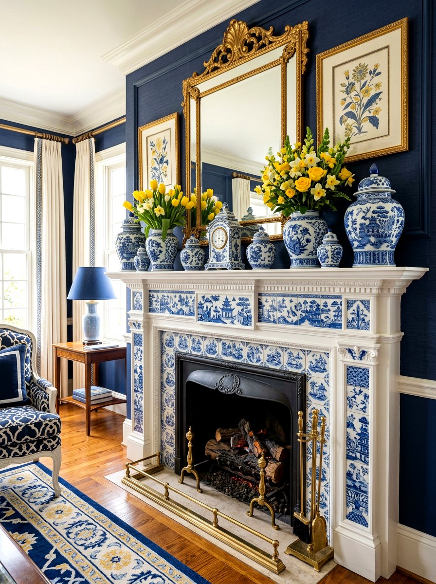 Blue And White Porcelain Mantel - 25 Spring Fireplace Mantel Ideas