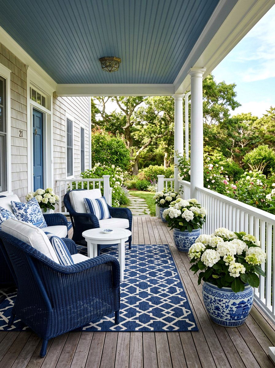 Blue And White Porch - 25 Spring Front Porch Decor Ideas