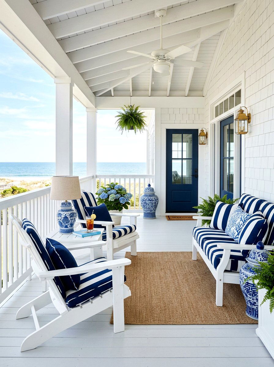 Blue And White Porch - 25 Spring Porch Sitting Area Ideas