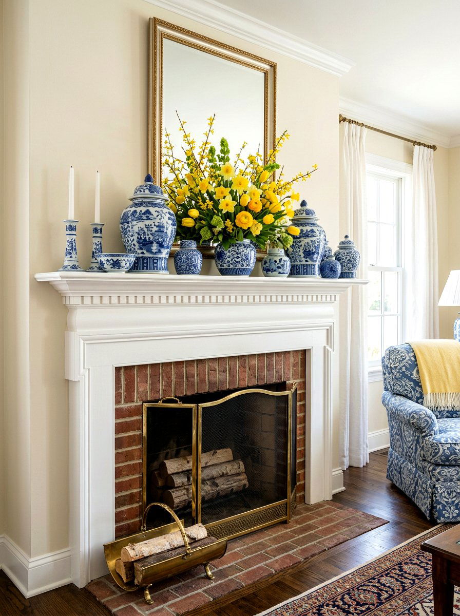 Blue And White Spring Mantel - 25 Spring Mantel Styling Ideas