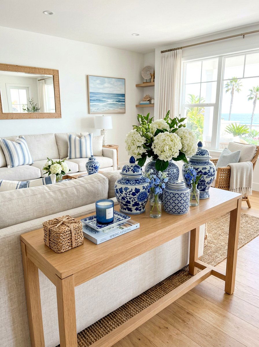 Blue And White Spring Styling - 25 Spring Sofa Table Decor Ideas