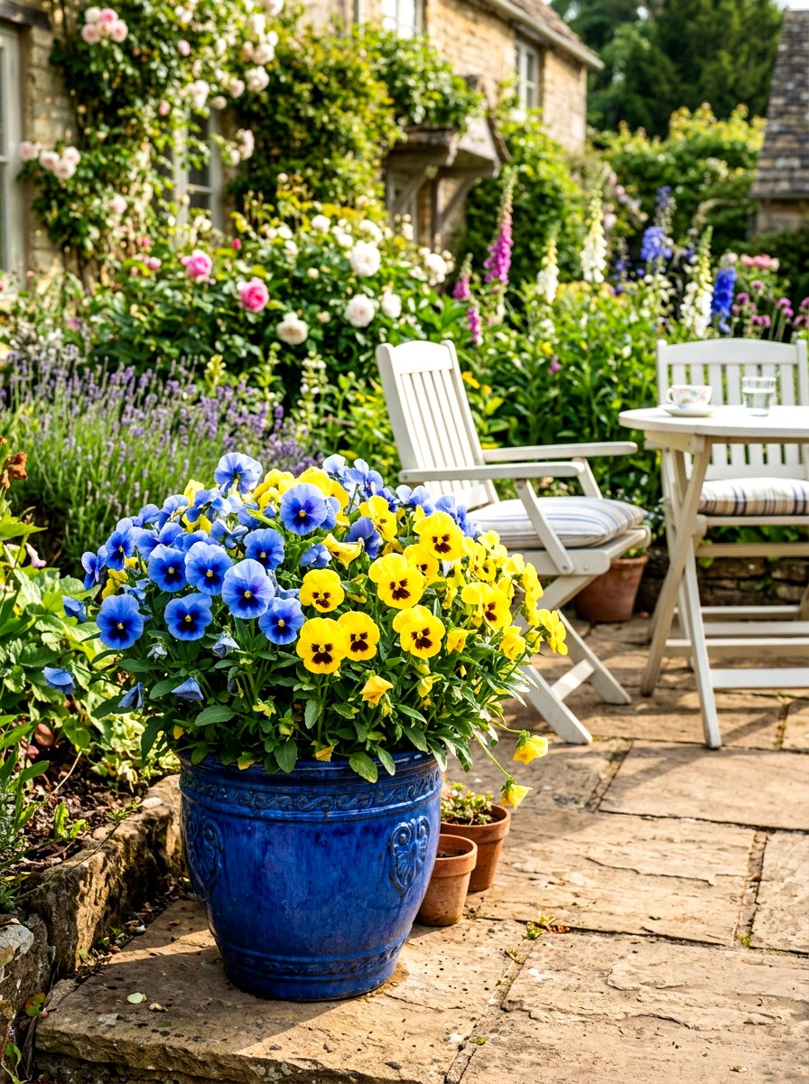 Blue And Yellow Pansy Pot - 25 Spring Pansy Planter Ideas
