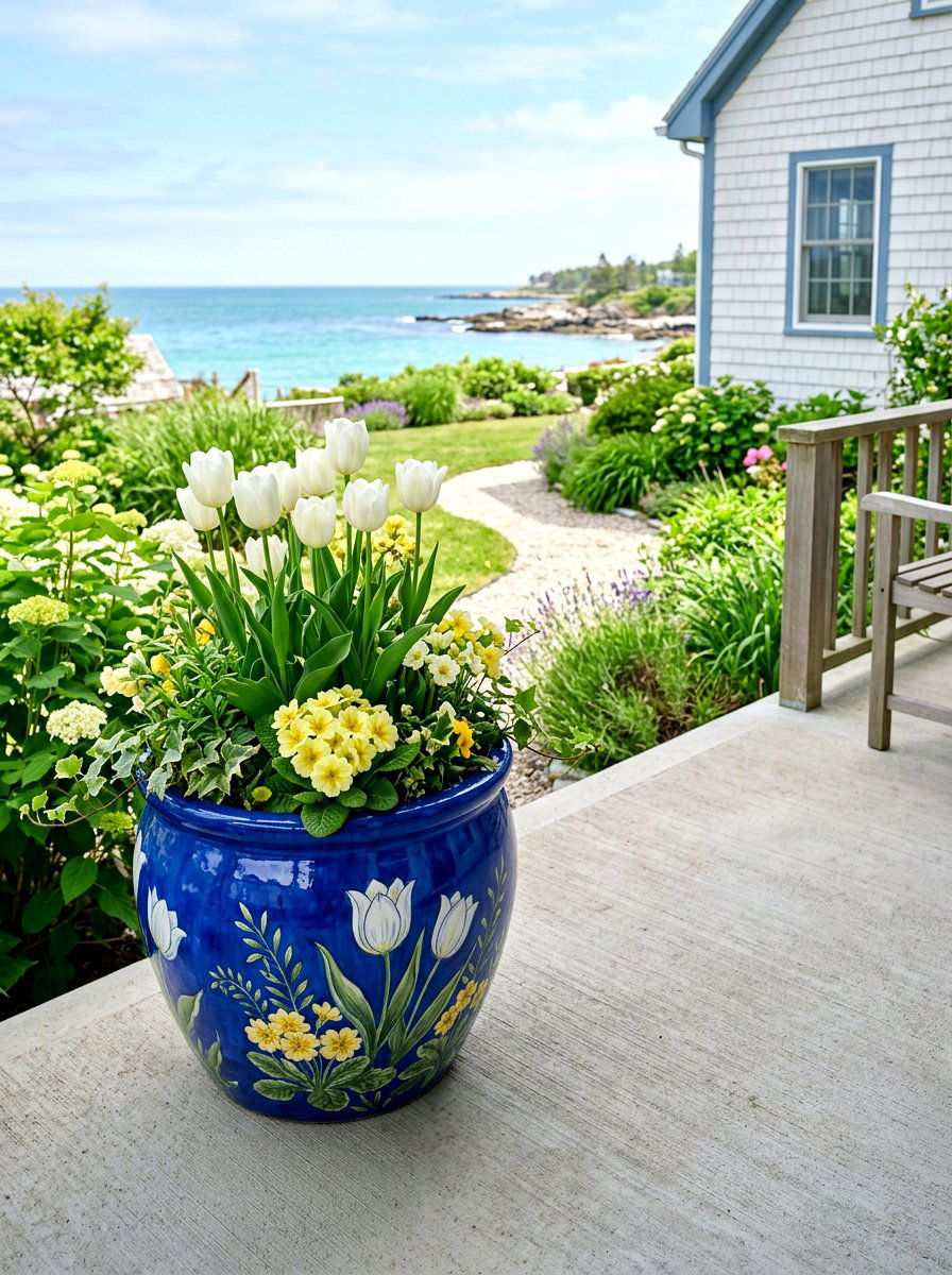 Blue Ceramic Pot - 25 Spring Front Yard Planter Ideas
