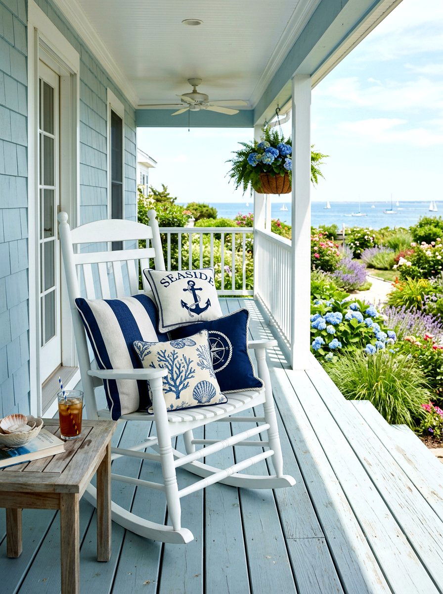 Blue Coastal Pillows - 25 Spring Porch Rocker Decor Ideas