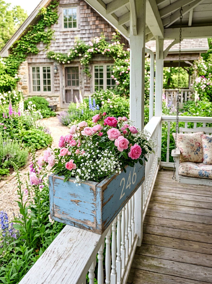 Blue Distressed Cottage Style Flower Box - 25 Spring Address Planter Ideas