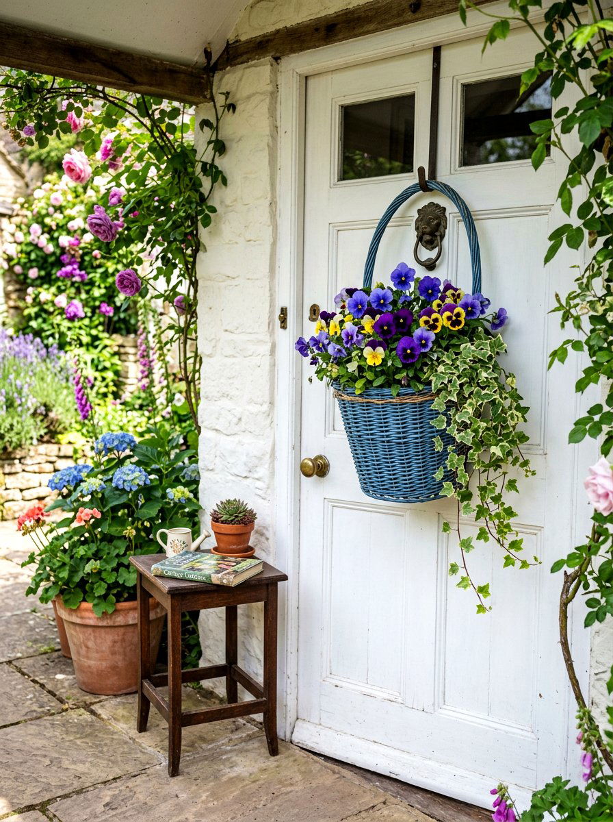 Blue Door Basket With Pansies - 25 Spring Door Basket Ideas