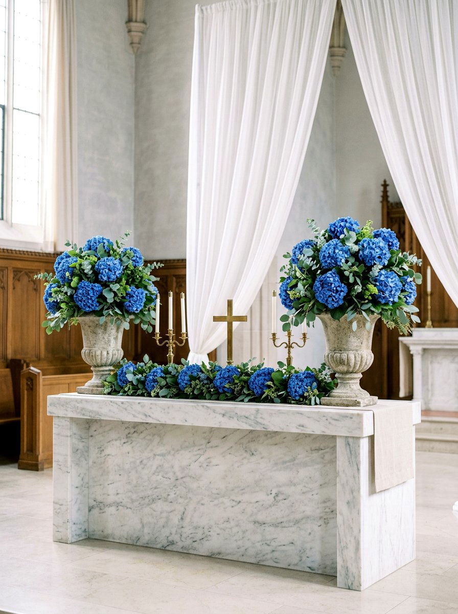 Blue Hydrangea Altar Display - 25 Spring Altar Flower Ideas