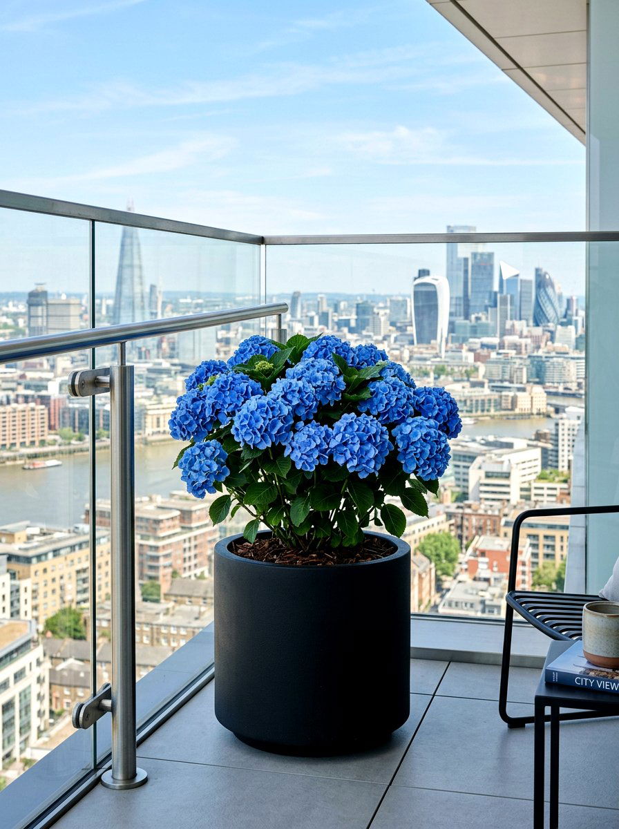 Blue Hydrangea Black Modern Planter - 25 Spring Hydrangea Planter Ideas