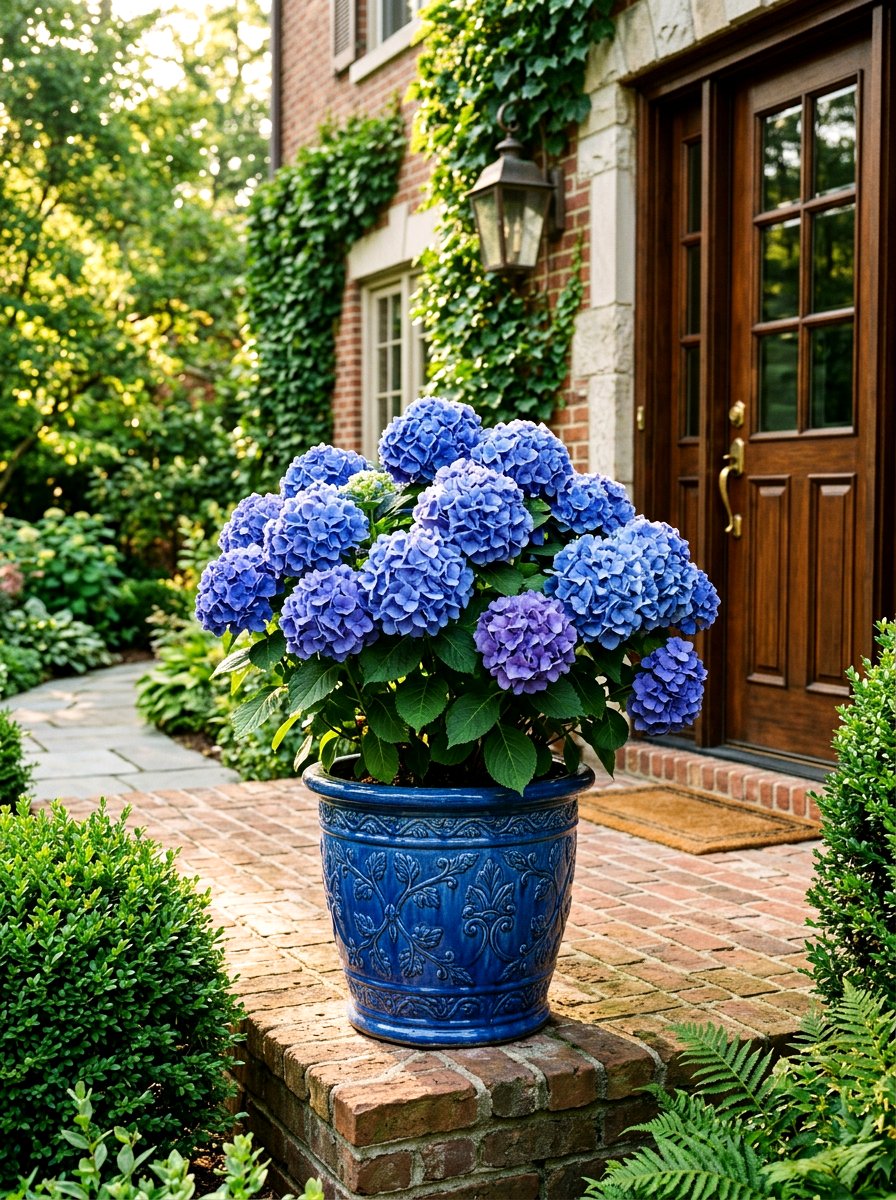 Blue Hydrangea Ceramic Pot - 25 Spring Sidewalk Planter Ideas