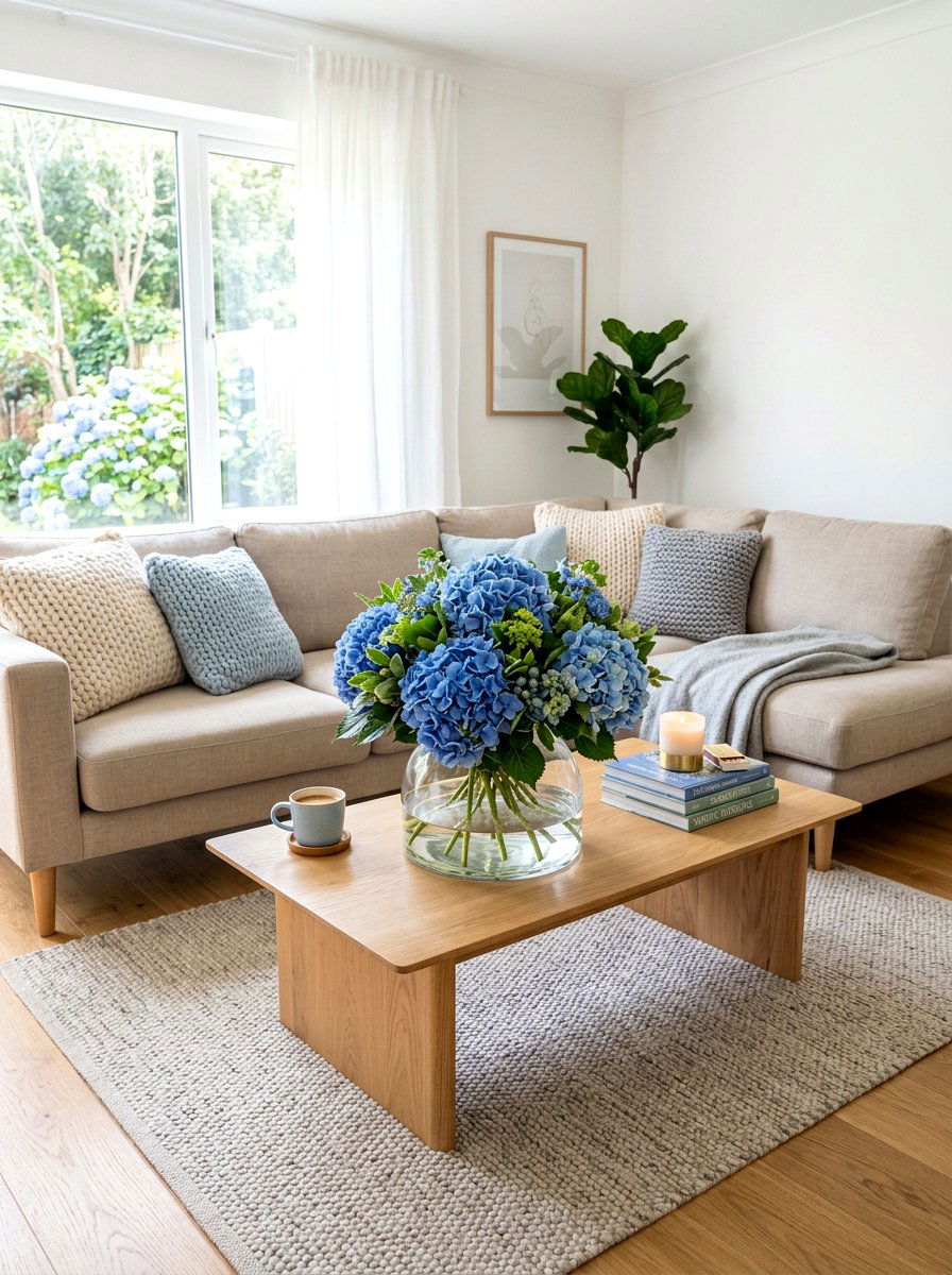 Blue Hydrangea Coffee Table Setup - 25 Spring Floral Centerpiece Ideas