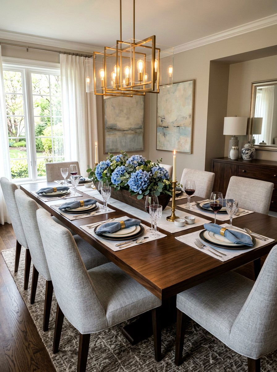 Blue Hydrangea Dining Table - 25 Spring Silk Flower Arrangement Ideas