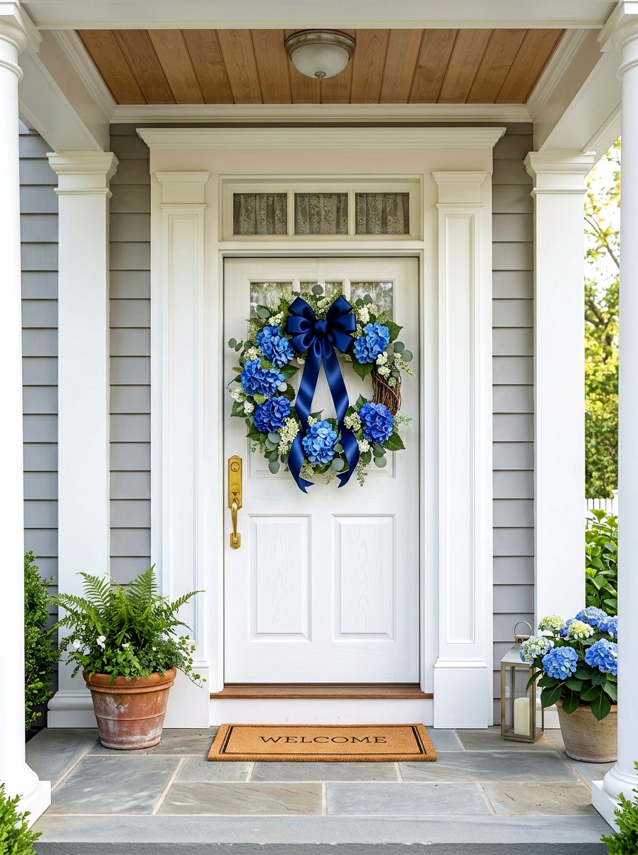 Blue Hydrangea Door Hanger - 25 Spring Ribbon Wreath Ideas