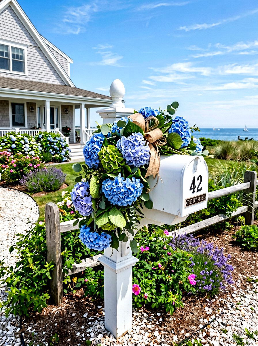 Blue Hydrangea Mailbox Swag - 25 Spring Mailbox Swag Ideas