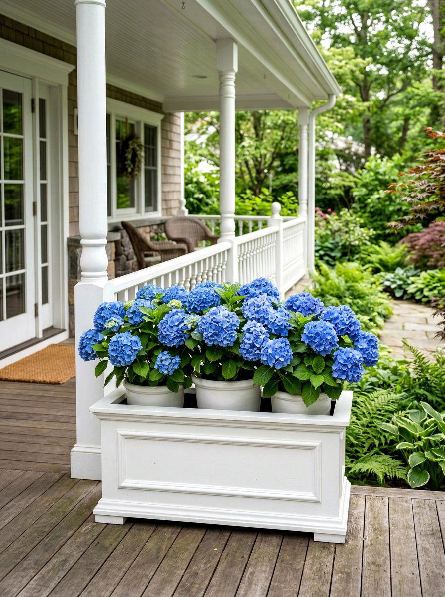 Blue Hydrangea Planter Box - 25 Spring Planter Box Ideas