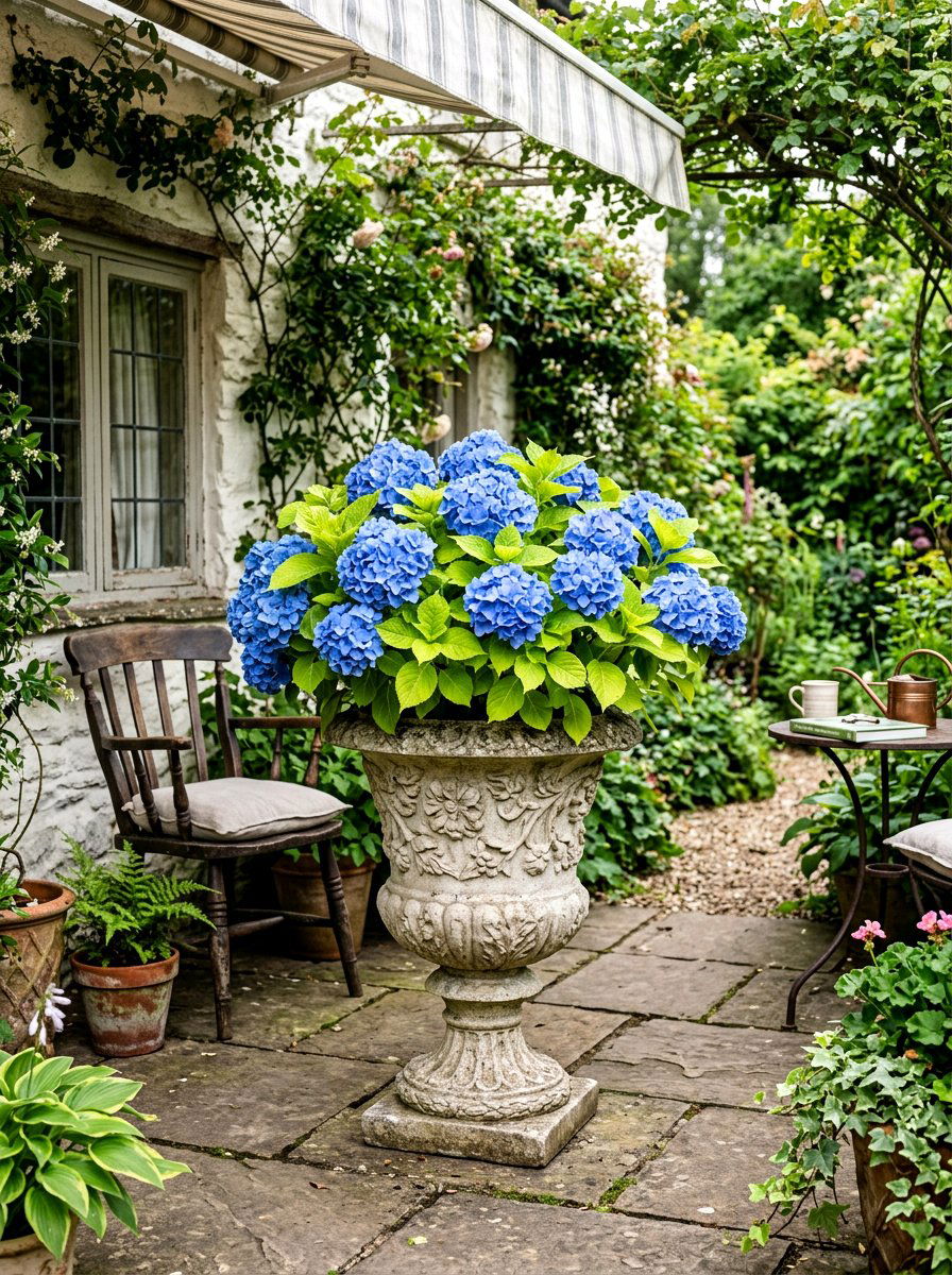 Blue Hydrangea Planter - 25 Spring Outdoor Planter Ideas