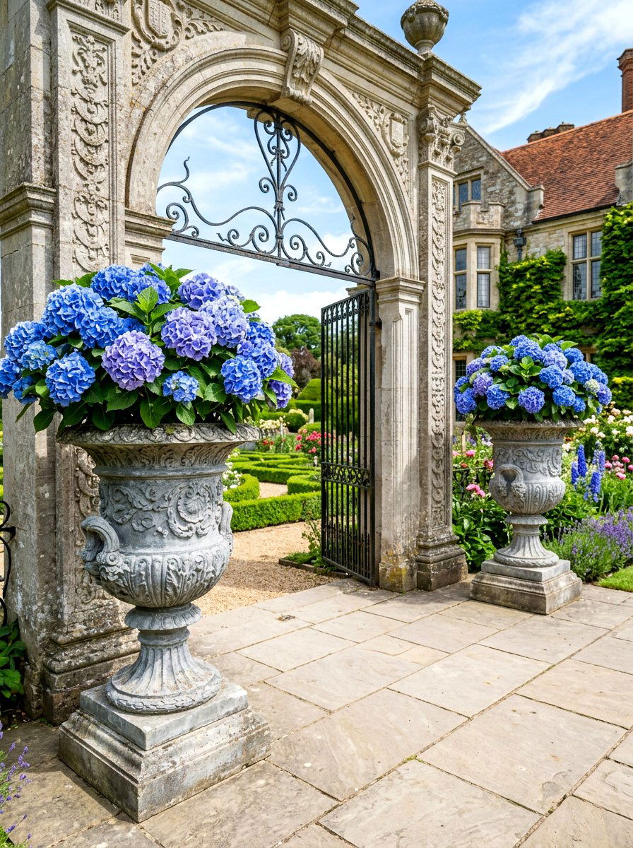 Blue Hydrangea Stone Urns - 25 Spring Patio Planter Arrangement Ideas