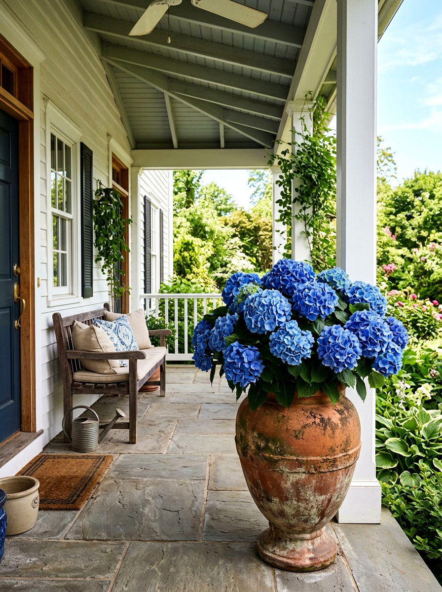 Blue Hydrangea Urn - 25 Spring Porch Urn Ideas