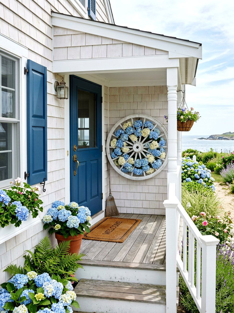 Blue Hydrangea Wagon Wheel - 25 Spring Wagon Wheel Wreath Ideas