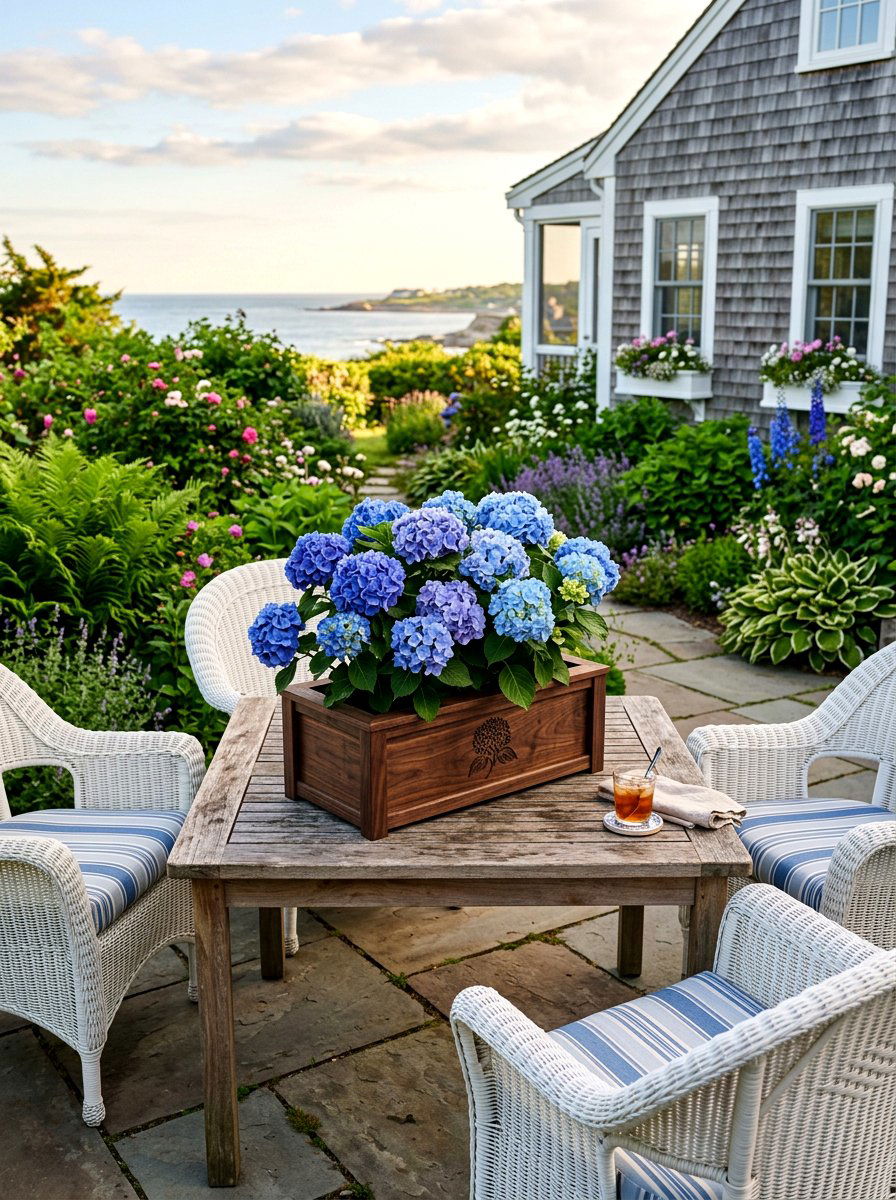 Blue Hydrangea Wood Box - 25 Spring Hydrangea Centerpiece Ideas
