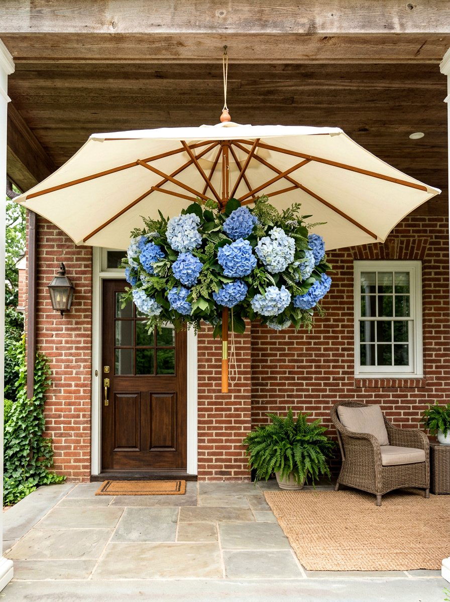 Blue Hydrangeas Umbrella Hanging - 25 Spring Umbrella Wreath Ideas