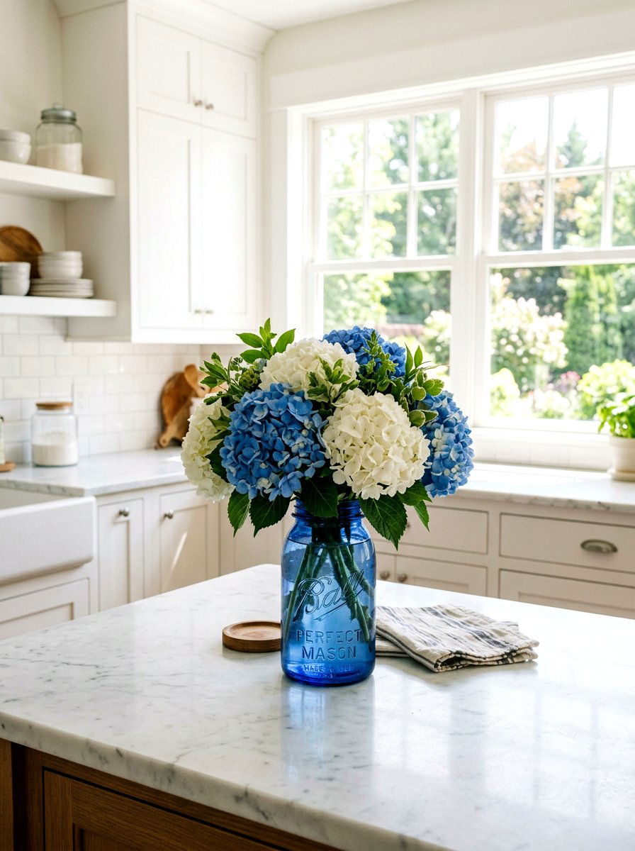 Blue Mason Jar With Hydrangeas - 25 Spring Mason Jar Flower Ideas