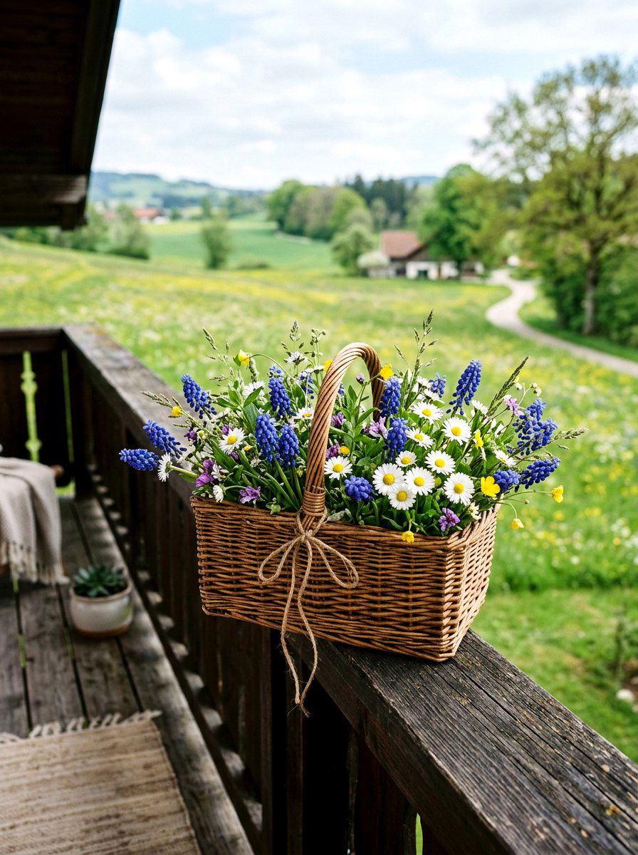 Blue Muscari And Daisies - 25 Spring Balcony Flower Box Ideas