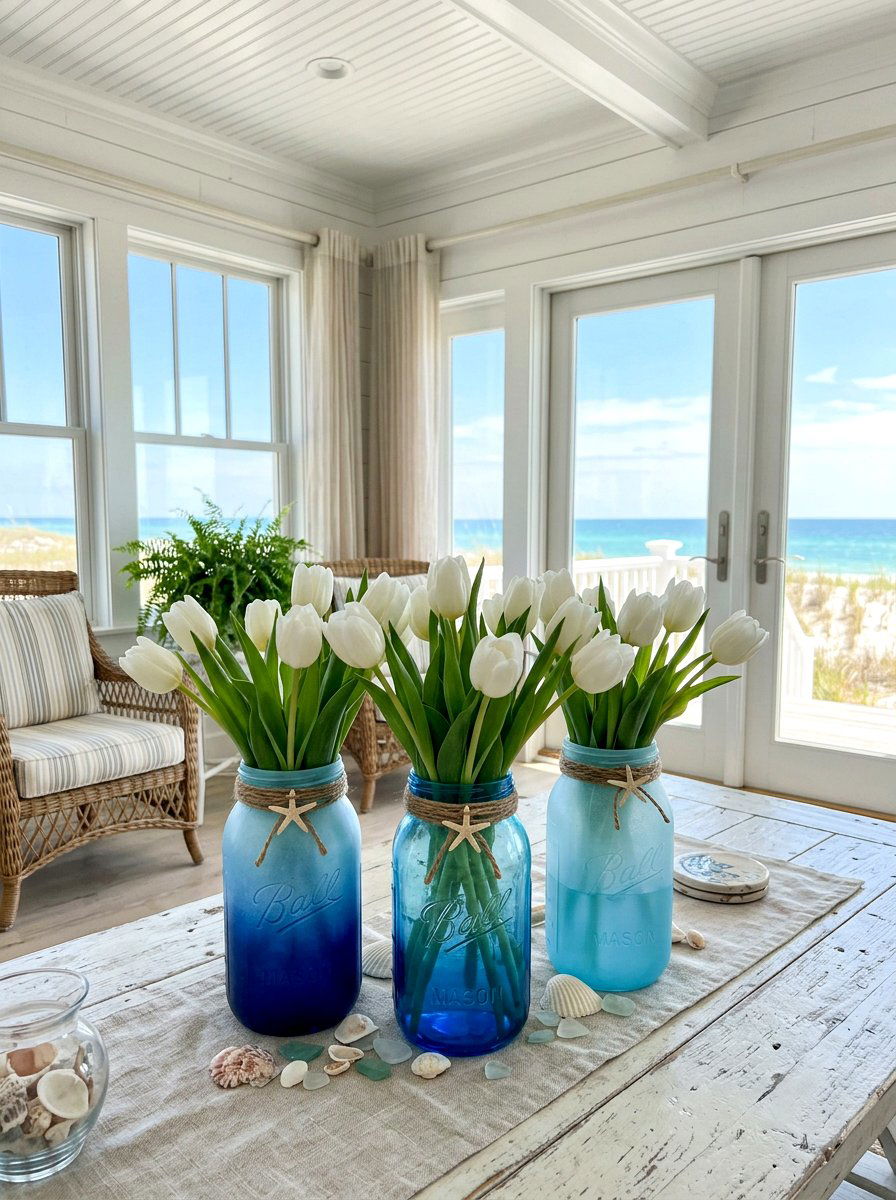 Blue Ombre Mason Jar - 25 Spring Mason Jar Centerpiece Ideas