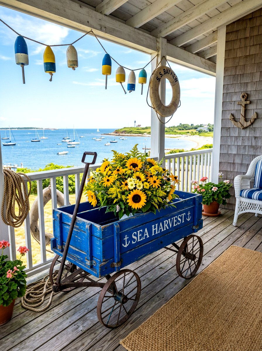 Blue Painted Wagon - 25 Spring Porch Wagon Decor Ideas
