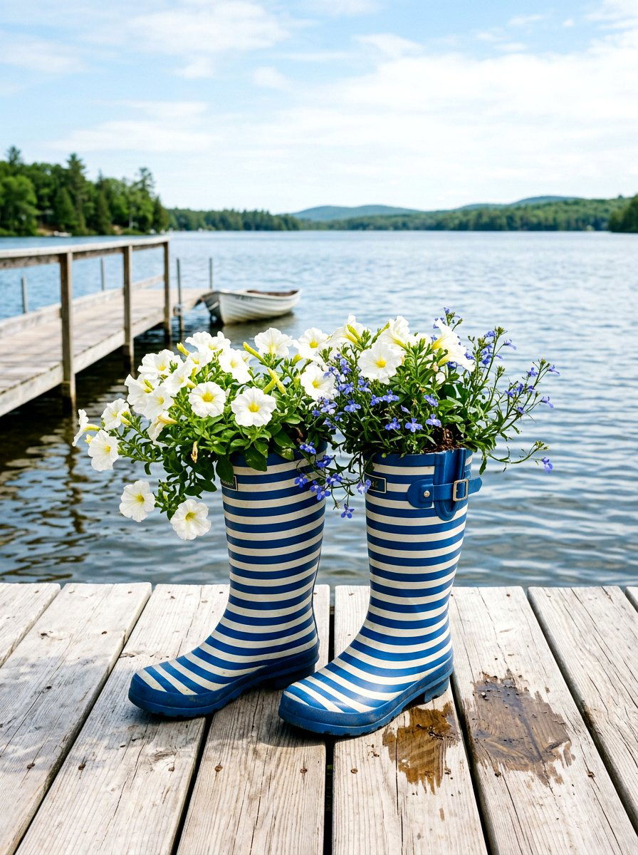 Blue Patterned Boot Planter - 25 Spring Boot Planter Ideas