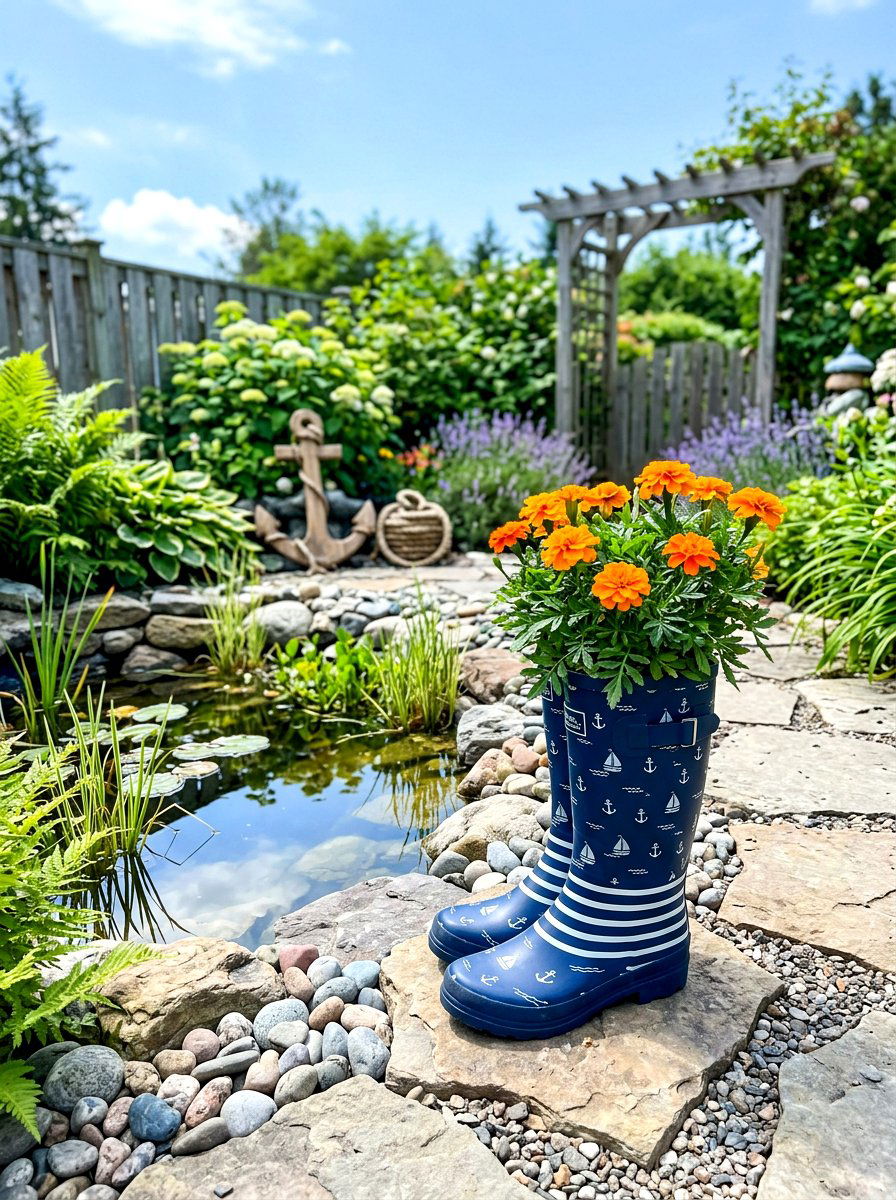 Blue Patterned Rain Boot - 25 Spring Rubber Boot Planter Ideas