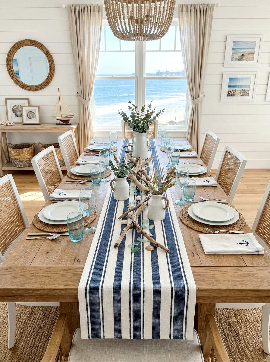 Blue Striped Table Runner - 25 Spring Table Runner Ideas