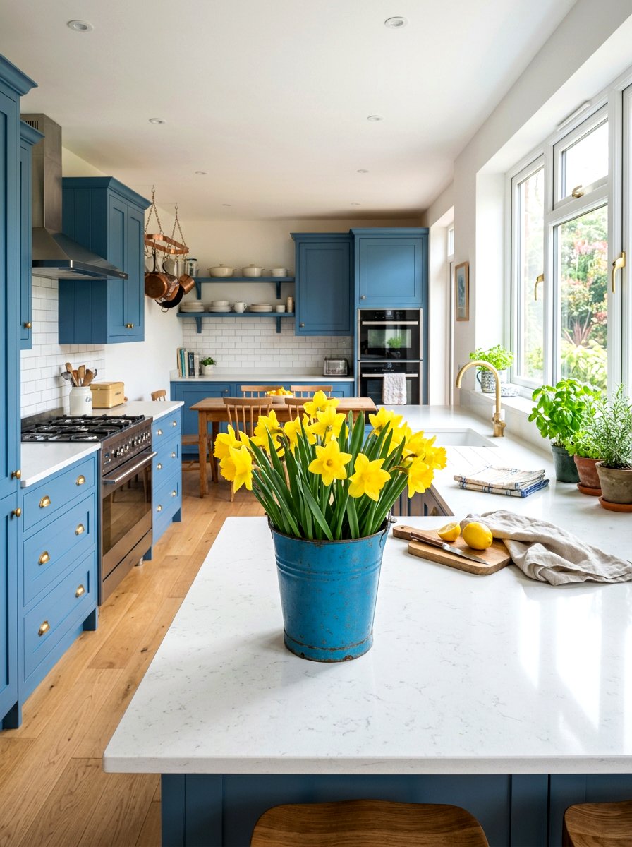 Blue Tin Bucket With Daffodils - 25 Spring Tin Bucket Planter Ideas
