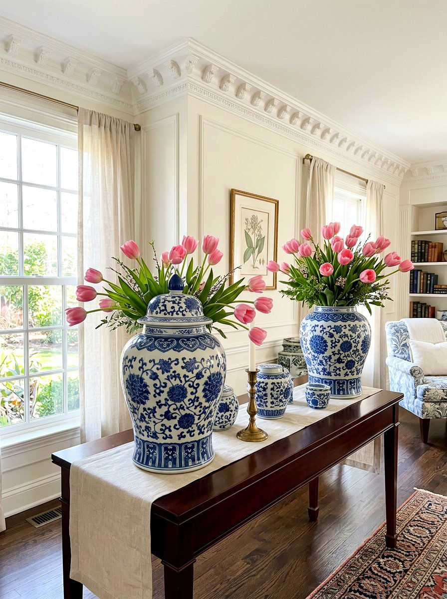 Blue White Porcelain Floral Decor - 25 Spring Mantel Floral Ideas