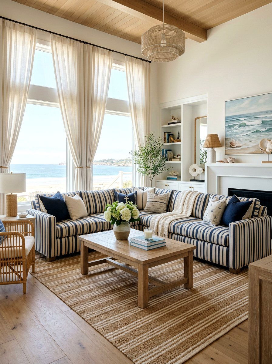 Blue White Striped Living Room - 25 Spring Striped Decor Ideas