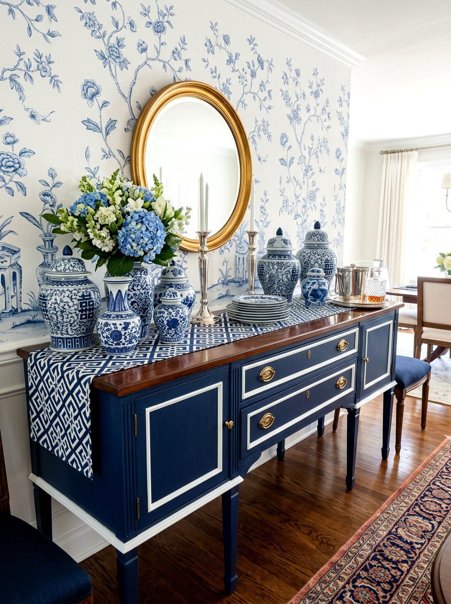Blue and White Buffet - 25 Spring Buffet Decor Ideas