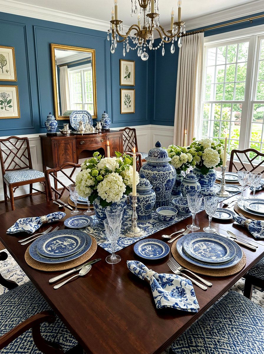 Blue and White Chinoiserie Table - 25 Spring Table Arrangement Ideas