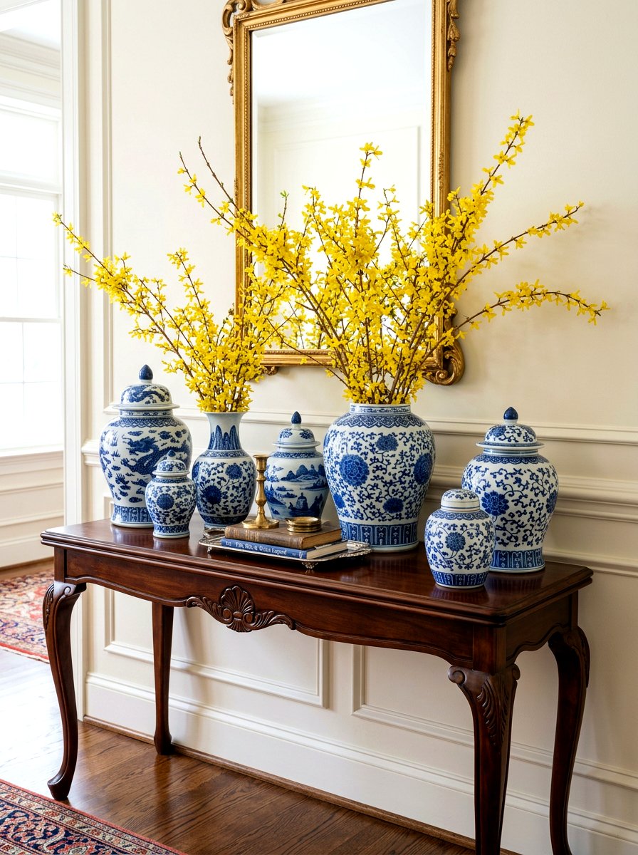 Blue and White Ginger Jars - 25 Spring Console Table Decor Ideas
