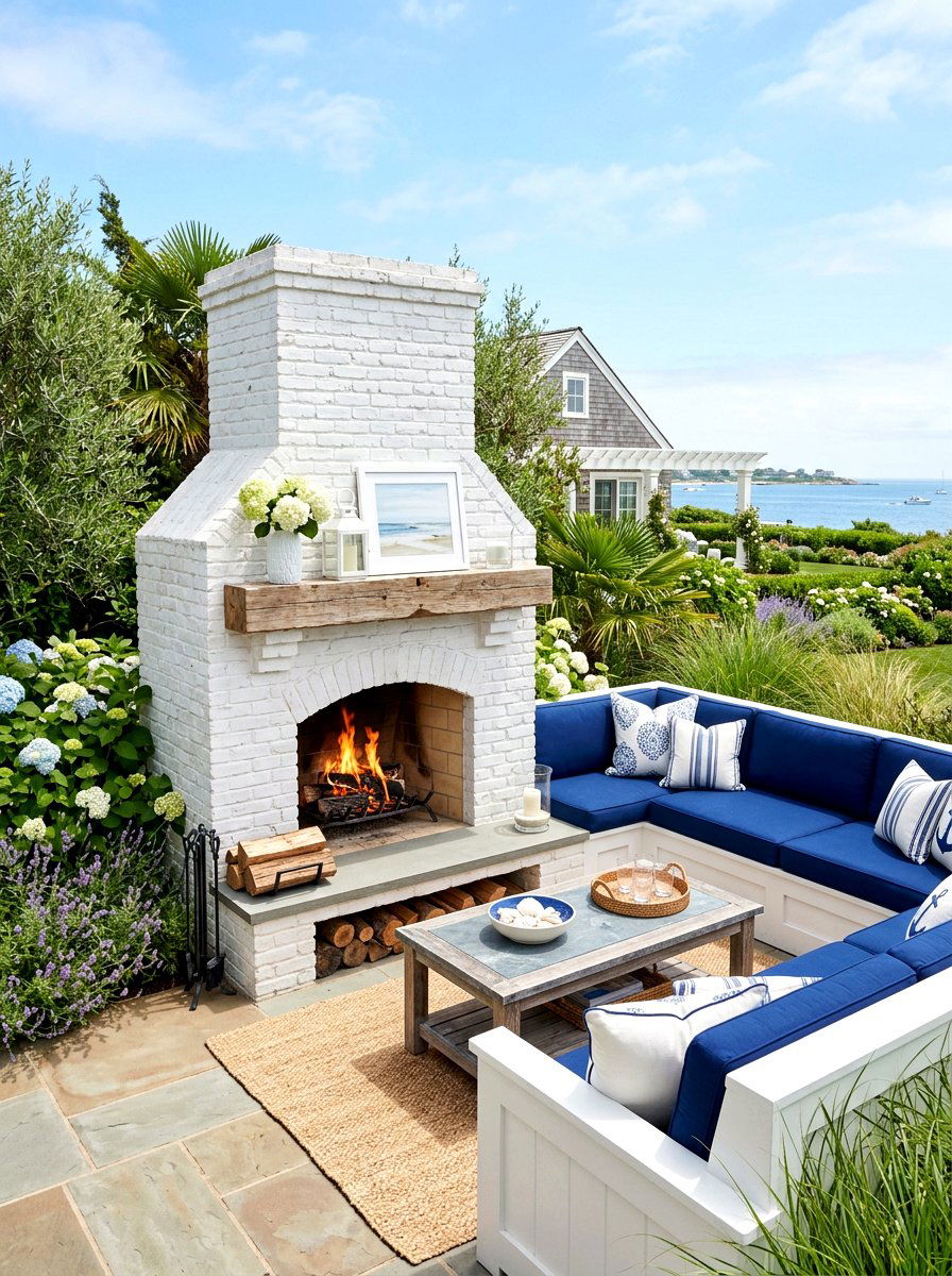 Blue and White Patio Fireplace - 25 Spring Outdoor Fireplace Decor Ideas