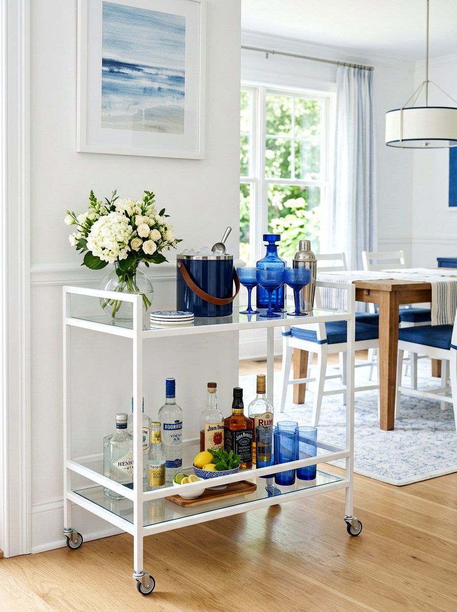 Blue and white bar cart - 25 Spring Blue and White Decor Ideas