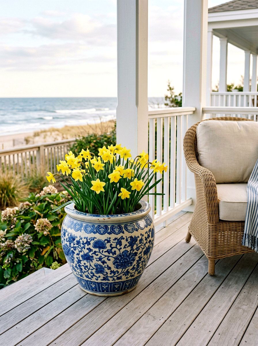 Blue and white ceramic pot - 25 Spring Planter Ideas for Front Porch