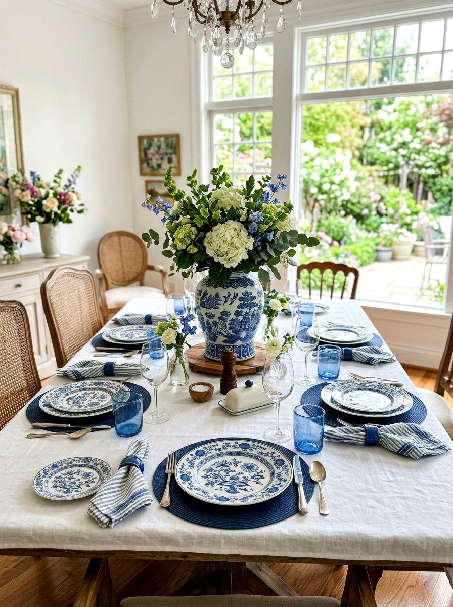 Blue and white dining table - 25 Spring Blue and White Decor Ideas