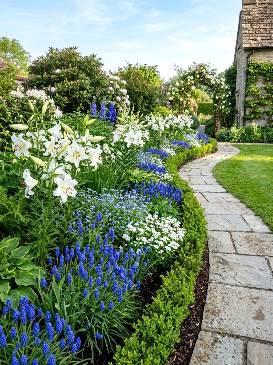 Blue and white flower garden walk - 25 Spring Entryway Walkway Ideas